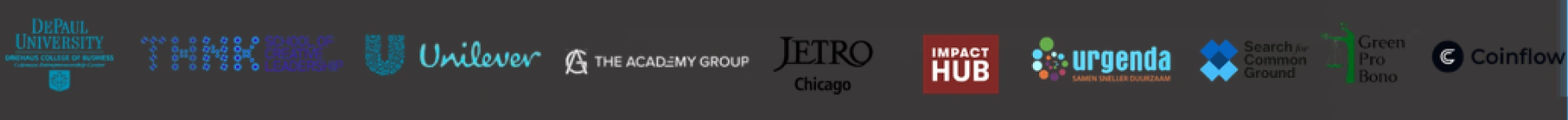 Support partners: DePaul University, Think Tank, School of Creative Leadership, Unilever, The Academy Group, Jetro Chicago, Impact Hub, Urgenda, Search for Common Ground, Green Pro Bono, and Coinflow